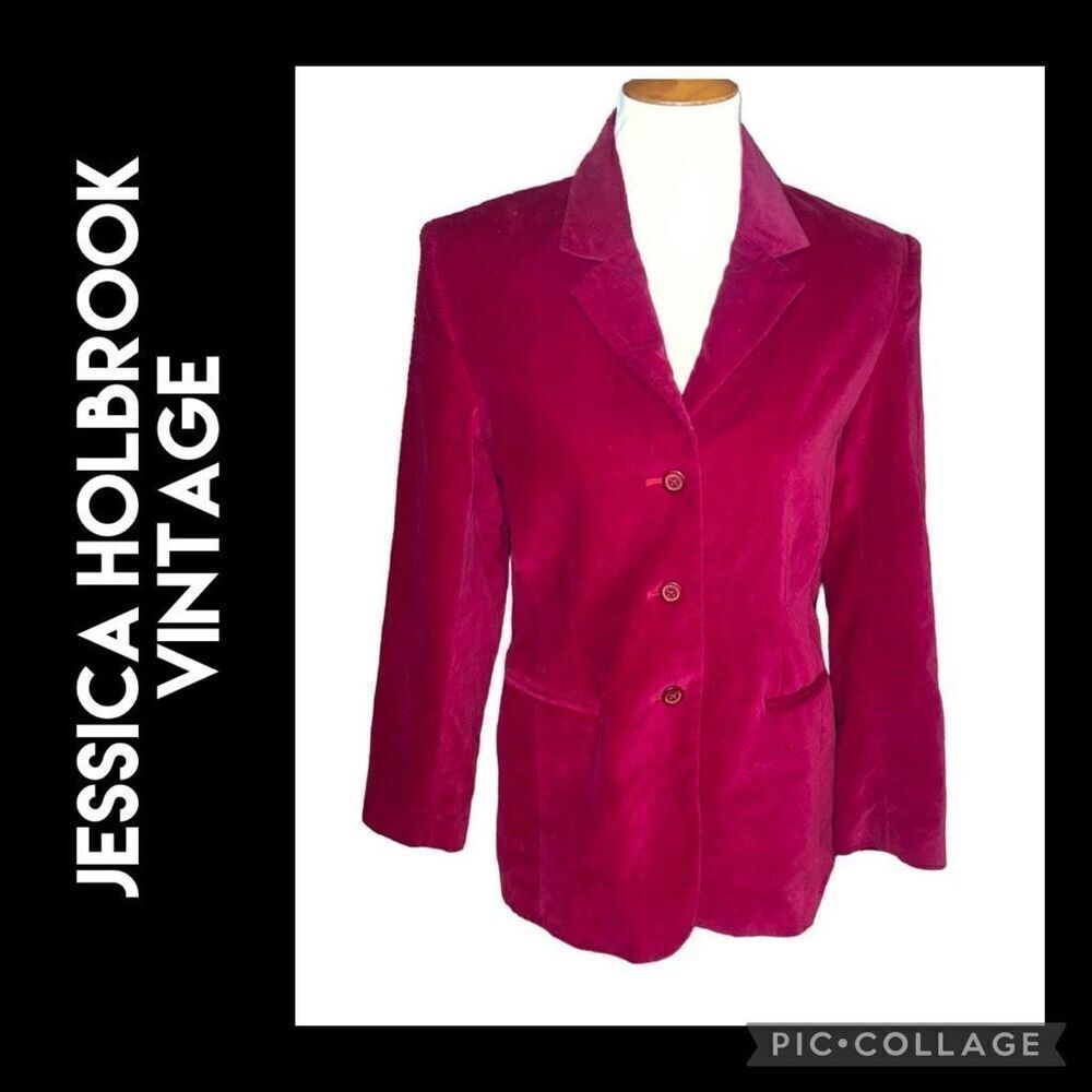 Jessica Holbrook Vintage Women 90s Collared Button Down Red Velvet Blazer Size 6